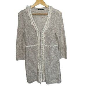 Nic & Zoe Open Knit Beige Cardigan With Fringe Trim 3/4 Sleeves Women's Size S